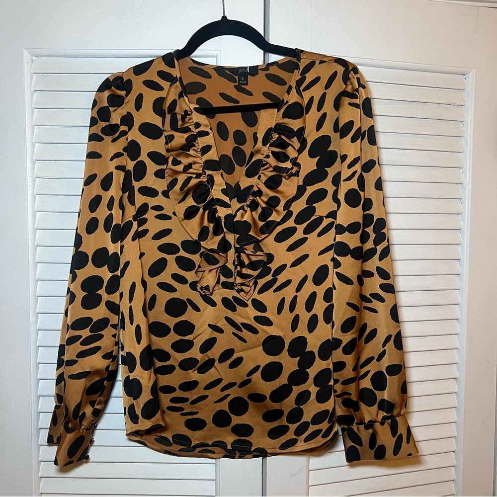 JCrew Leopard Print Blouse Top Gold and Black Size Small Animal Print Ruffles